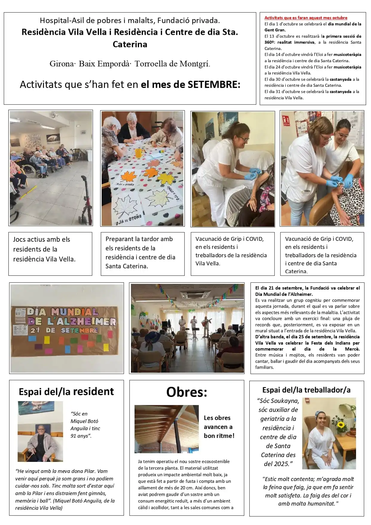 Activitats fetes al setembre i activitats programades a l'octubre